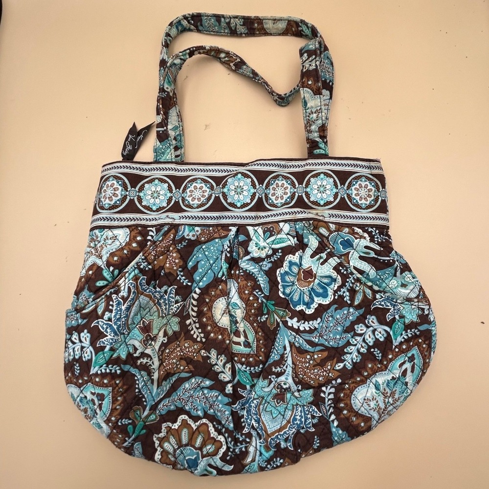 Vera Bradley Mocha Rouge Quilted Cotton Shoulder Bag Paisley Tote Turquoise Boho